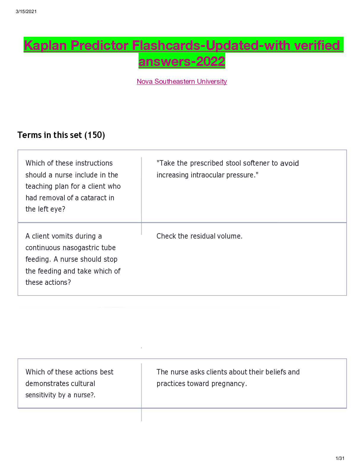 Preview of Kaplan Predictor Flashcards-Updated-with verified answers-2022